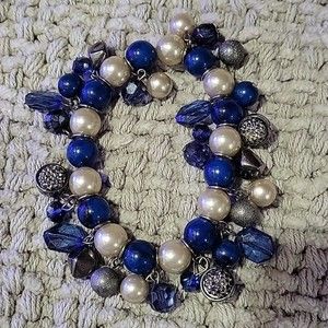Women's Blue, Gray Pearl and Gunmetal and Rhinestone Beaded Stretchy Bracelet